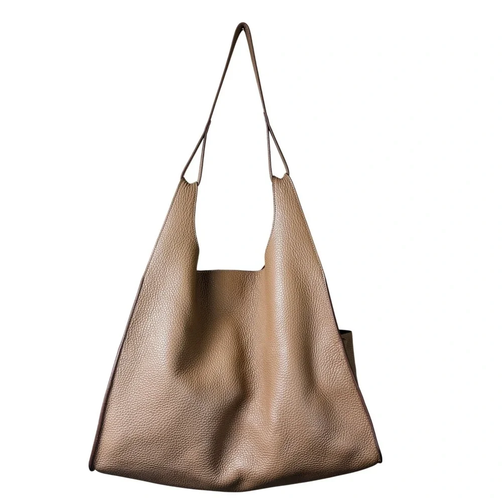 Cuyana Oversized Double Loop Leather Tote Cappuccino Pebbled Shoulder Work Bag